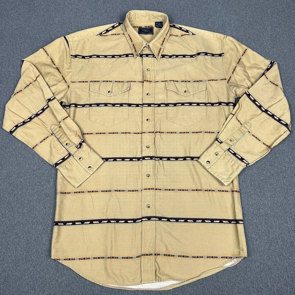 Vintage 90s Roper Western Shirt Mens Large Aztec Southwestern Stripe Beige L